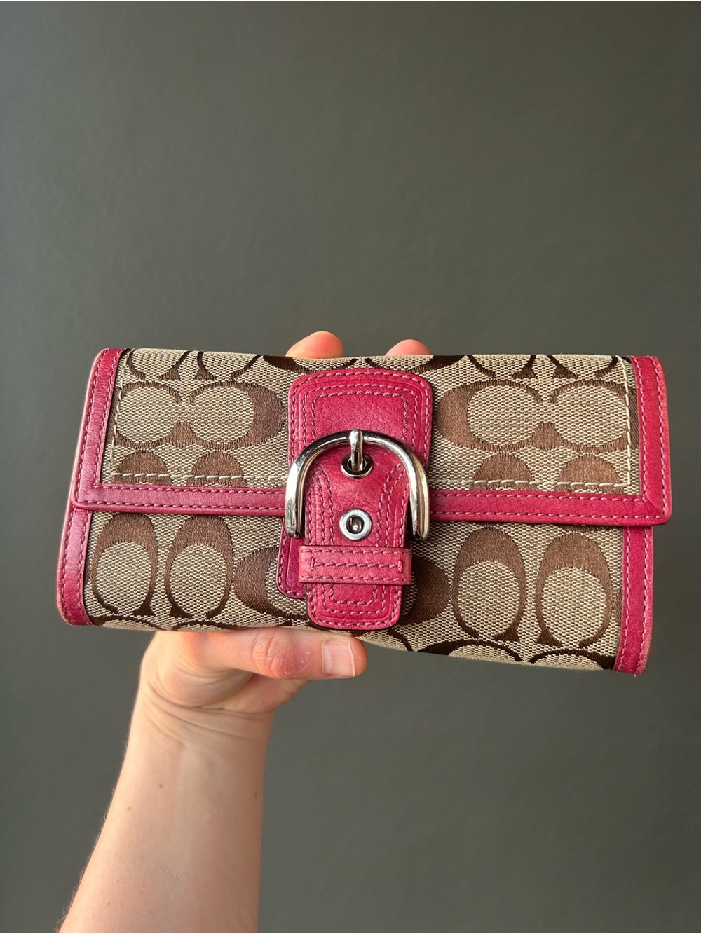 Vintage COACH Signature Canvas Wallet with Pink Leather Trim and Buckle